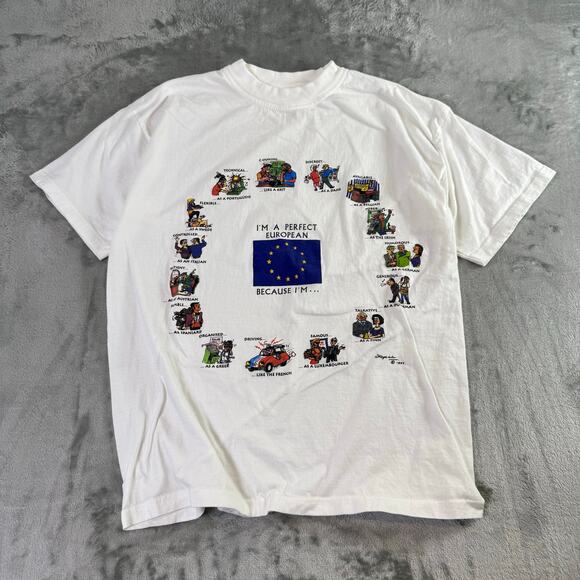 VTG 1994 B&C European comic graphic white tshirt mens Medium - Picture 1 of 7